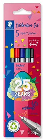 STAEDTLER Fineliner triplus celebration Set, ergonomischer Dreikantschaft, superfeine 0,3 mm Spitze, lange Lebensdauer, Jubiläums-Promotion: 4 + 1 Fineliner in sortierten Farben, 334 BK5 TA