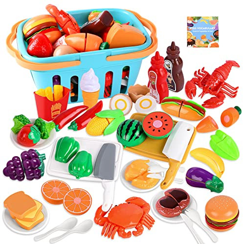 FUQUN 40PCS Schneiden Spiel Lebensmittel Spielzeug, Geschnittenes Obst und Gemüse als Spielzeug Obst Kinderküche zu Spielen Schneiden Rollenspiele für ab 2 3 4 5 Jahre Weihnachten Geburtstags Geschenk