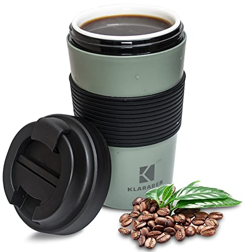 Klaraber Ceramic Travel Mug with Lid, Portable Porcelain Cup with Sleeve, Leakproof Ceramic Lined Coffee Cup Travel Mug, Reusable Coffee Cup, 350ml / 12oz (Green)