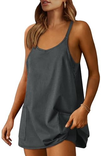 ANRABESS Women Athletic Dress Summer Tennis Workout Active Sports Mini Romper Dress Built in Shorts Travel Vacation Clothes Deep Gray Small