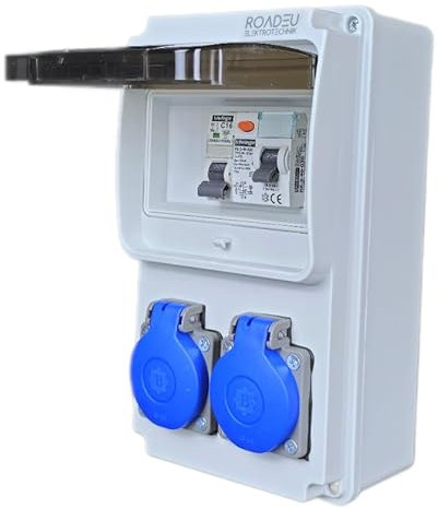 RoadEu - Coffret de Chantier 230V - 2x prise - avec disjoncteur Différentiel et disjoncteur C 16A - Câblé, Distributeur de Prises idéal pour les ateliers, les garages et les usines