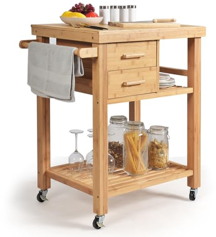 SILKYDRY Kitchen Island, Rolling Butcher Block Kitchen Cart on Wheels, Bamboo Kitchen Trolley with Drawers, Shelves, Towel Rack, Small Kitchen Island Cart for Dining Room