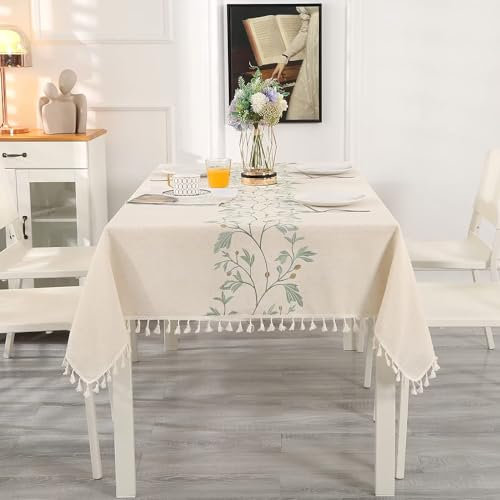 SUCHDECO Groß Tischdecke Beige mit Grün Sticken Blätter & Quaste Tischtuch Abwaschbar Leinentischdecke Küchentischdecke Rechteckig für Geburtstag Party Hochzeit, Tischwäsche, 140x300 cm