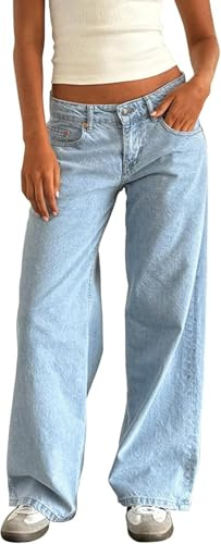 Womens Low Rise Baggy Jeans Y2K Boyfriend Wide Leg Straight Jean Vintage Denim Pants Casual Jeans with Pocket (Light Blue, XS)