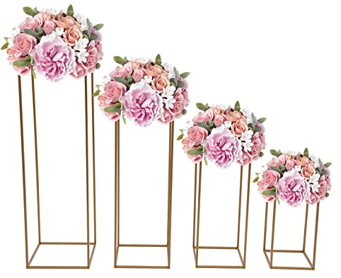 Lot de 4 supports de fleurs en métal - Vase de sol - Colonne géométrique - Présentoir rectangulaire - Pour décoration de fête de mariage