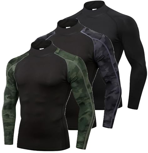 YUSHOW 3 Pack Compression Shirt Men Long Sleeve, 215GSM Non-See-Through Thermal Base Layer Mens, Turtleneck Sports Top for Running Gym Workout Football