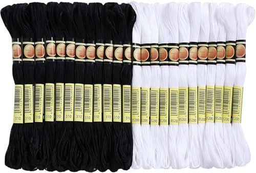 Hilos de Bordar, Hilos Punto de Cruz Herramientas Negro y Blanco, 24 Hilos (12 Blancos y 12 Negros), 8 Metros Cada uno, para Bordado, Cruces y Manualidades