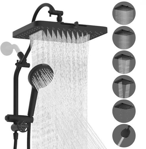 Hibbent cUPC Certified 13'' Shower Head Combo, High Pressure 5 Spray Rainfall Showerhead, 10 Spray Mode Handheld, All Metal Easy Reach 4-way Diverter Arm with Pause Mode, 71'' Hose and Holder, Black