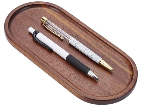 PLIGREAT Oval Wooden Pen Tray, Minimalist Brown Writing Instrument Rest Tea Coffee Table Tray for Office Desk Organizer Kitchen Tableware