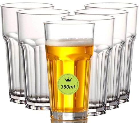 AXIM Juego de 6 vasos de cerveza de plástico transparente irrompible, vasos clásicos hechos para bebidas frías, vasos de cóctel altos de base pesada para uso diario (380 ml, 6 piezas)
