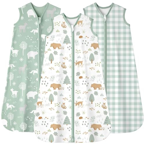 FIEMOL Gigoteuse été 18-24 Mois 0.5 Tog, Turbulette Coton pour Nouveau-né et Nourrisson, Pack de 3 Sac de Couchage bébé Léger Fermeture éclair 89-101 cm Ours Vert