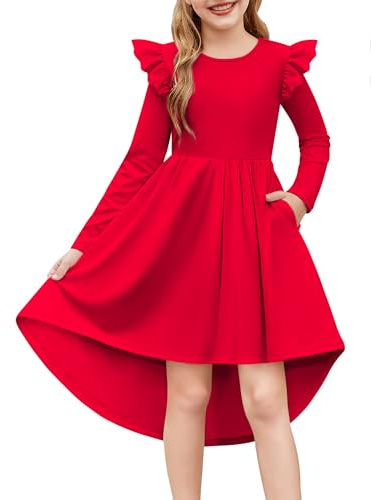 Arshiner Abito Rosso per Bambine e Ragazze Festivo a Maniche Lunghe Vestito di Natale Abito per Bambini Inverno con Volant Tasca 140/9-10 Anni