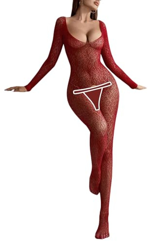 PARUPRUP Donna Sexy Leopardato Bodystocking Rete Trasparente Tuta Scollo a U Bodysuit Maniche Lunghe Catsuit (Bordeaux)