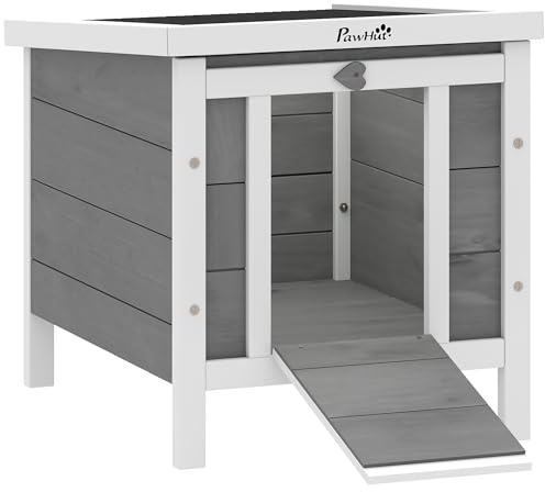 PawHut Clapier à Lapin Cage à Lapin avec rampes/Porte, Toit ouvrant et étanche - en Bois de Sapin dim. 51L x 42l x 43H cm Gris et Blanc