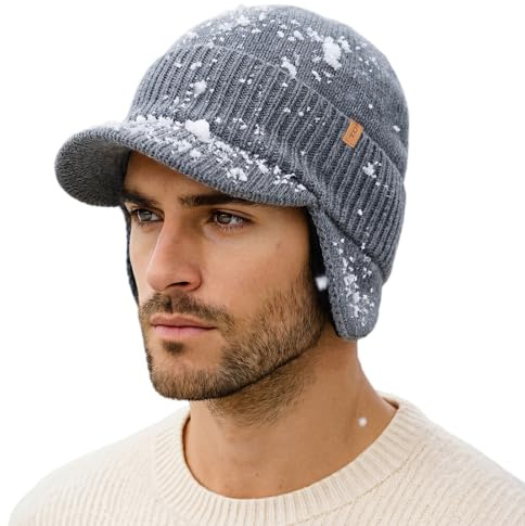 TOP-EX Bonnet d'hiver unisexe imperméable 80 % laine mérinos avec visière et cache-oreilles, doublure en polaire chaude, idéal pour le temps froid et les sports de plein air, Gris clair - Imperméable