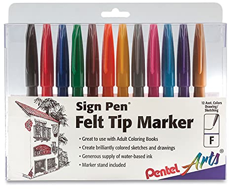 Pentel Felt Tip Sign Pen, Set of 12 Assorted Colors (S520-12)