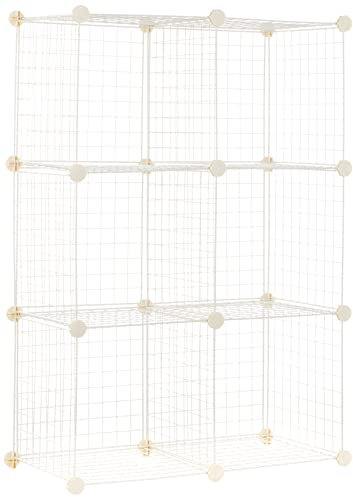 Amazon Basics 6 Cube Interlocking Storage Unit With Metal Wire Mesh, 60 Pounds / 27kg Shelf Maximum Weight Capacity, Off White, 37 cm D x 77 cm W x 114 cm H