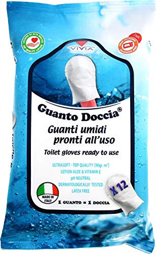 1 conf di GUANTO DOCCIA® =12 Guanti umidi (manopole saponate) per l'igiene del corpo PRONTI ALL'USO. Senza risciacquo. Made in Italy.