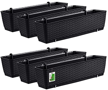 PAFEN 6X Blumenkasten Blumentopf 10L mit Halterungen - 585 x 145 x 155 mm - Rattan-Optik Pflanztopf Balkonkasten Pflanzkästen Befestigungshaken, Anthrazit