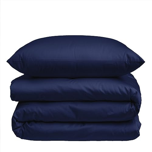 Nordic Paradise - Funda nórdica de lujo de satén de algodón, 200 x 220 cm y 2 fundas de almohada de 50 x 70 cm, juego de ropa de cama con cremallera fina, color azul noche