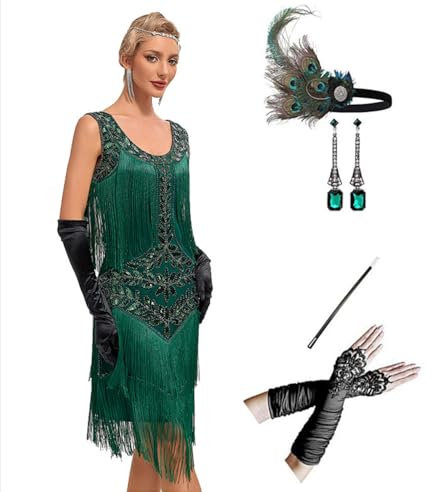 MIMIKRY 20er Jahre Flapper Damen Kostüm Grün Fransen-Kleid mit Pailletten und 4-tlg. Pfau Zubehör-Set, Größe:XXL