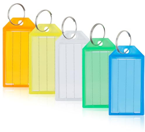 Romon Schlüsselanhänger Beschriftbar, 20er Pack Robust Kunststoff Schlüsselanhänger Beschriften, Etiketten Key Label Schlüssel Beschriftung zum Beschriften mit Split Ring Label Fenster, 5 Farben