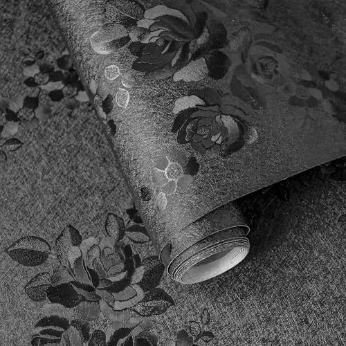 Lativo Papel tapiz negro de seda en relieve, papel de contacto floral para gabinetes, muebles, papel pintado de flores texturizadas, papel tapiz autoadhesivo para cocina, baño, impermeable, grueso,