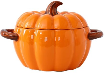 Pentola con coperchio, 1,9 l, in ceramica, a forma di zucca, grande ciotola con doppio manico, lavabile in lavastoviglie e adatta al microonde, pentola per zuppa di zucca per Halloween, Natale,