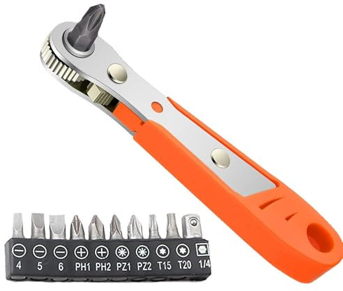 Voarge 1/4 Zoll Magnet-Ratschenschlüssel, mit 10 Schraubendreher-Bits, umkehrbarer Winkelschraubendreher, für Autoreparatur