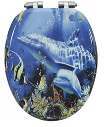 18 MDF Toilet Seat Universal Adjustable Fit Most Toilets Oval Seat┃Bathroom Standard Wooden MDF Toilet Seat | WC SEAT +Fittings (Tropical Fish Novelty)