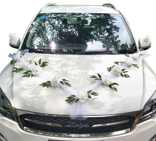 DKDDSSS Kit Décoration Voiture Mariage Champêtre et Romantique - 1.6m Tulle & 11 Fleurs Artificielles Avec Ventouses - Pour Une Déco Extérieur Parfaite