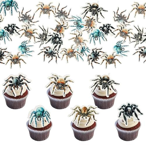Gyufise 60Pcs Edible Wafer Paper Halloween Spider Cupcake Toppers Edible Spider Cake Picks Horror Cupcake Decors for Halloween Theme Baby Shower Party Cake Decoration