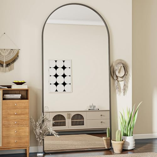 Koonmi Specchio da pavimento curvo con angoli arrotondati, 76 x 171 cm, per tutto il corpo, grande, autoportante, per soggiorno, colore: nero