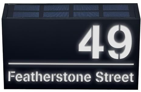 Personalised House Sign with Solar Light 180 x 280 mm - Contemporary Address Number Plate with LED Illumination, Custom Street Name & House Number Plaque, Weatherproof Outdoor Design (Black)