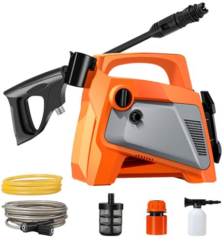 Hidrolimpiadora de Alta Presion, Hidrolimpiadora Portatil, Presión Máxima 110 Bar, Caudal de 420l/h, Tubería de Entrada y Salida de Agua 2m/7m, Boquilla Multiusos, Varilla de extensión