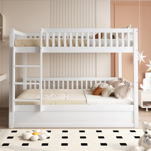Soweiz Litera infantil para 2 niños, 90 x 200 cm, madera maciza, sistema de almacenamiento hidráulico, resistente y duradera cama de almacenamiento para niños (blanco)