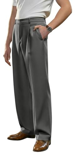 PLEPAN Men's Casual Dress Pants Pleated Baggy Wide Leg Relaxed Fit Slacks Expandable Waist Trousers Dark Gray Large