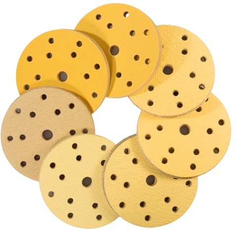 70PCS 150mm Sanding Discs 15 Hole Hook and Loop 40/60/80/120/180/240/320 Assorted Grits Gold Sandpaper for Random Orbital Sander