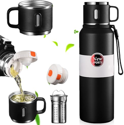 Thermos con filtro a strato, thermos in acciaio inox, 1,5 l, thermos con bicchiere, bottiglie isolate sottovuoto, per manicotti e scopino da viaggio, sport, caffè (nero)