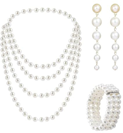 dinghaole 3 Pièces Parure de Bijoux en Perles en Plastique, 1 Collier de Perles Long, 1 Bracelet de Perles et 1 Paire de Boucles d'oreilles, pour Fête, Bal, Mariage, Festival