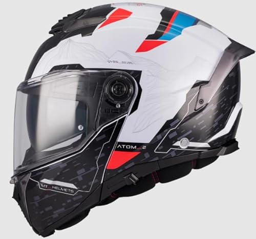 Casco Modular MT Helmets Atom 2 SV Highlands A7 Brillo – Doble Visera Solar, Certificación ECE/Dot, Diseño Deportivo Blanco/Rojo/Azul/Negro (M 57/58)