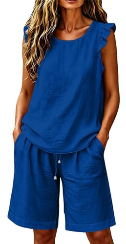Lounge Wear Sets for Women UK Ruffle Sleeve Sleeveless Tank Top & Elastic Waist Shorts Loose Summer Co Ord Sets Travel Homewear & Daily Wear Comfy Leisure Tracksuit Samrt Clothing Streetwear S-5XL