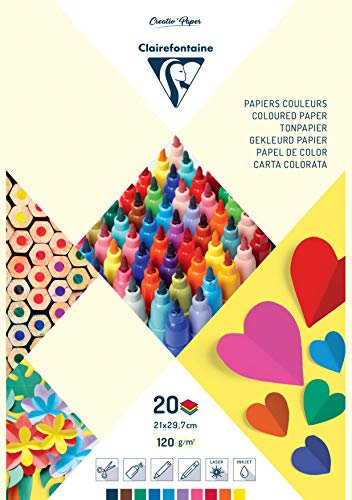 Clairefontaine 97244C Block mit 20 Bögen Tonpapier, DIN A4, 120g, 1 Block, 10 Farben sortiert