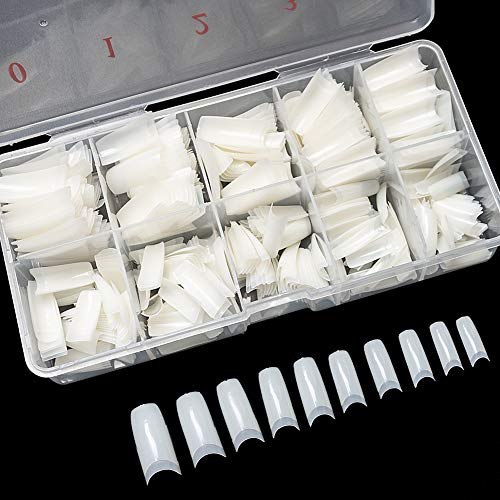 krofaue 500PCS Soft Gel False Nails Tips - Half Cover Acrylic Nail Tips 10 Sizes Lady French Style Acrylic Artificial Tip Manicure with Box for Nail Tips Art Salons and Home DIY