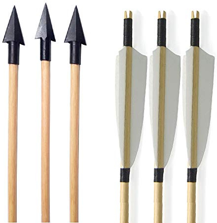 AMEYXGS 12pcs Wooden Arrows Real Feather Wooden Shaft with Arrowheads for Tranditional Bow and Recurve Bow (white)