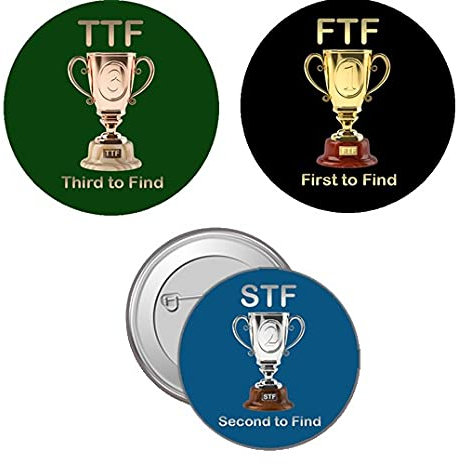 geo-versand 3er Set FTF, STF, TTF Buttons für Geocaching Erstfinder Geocache auslegen Tausch