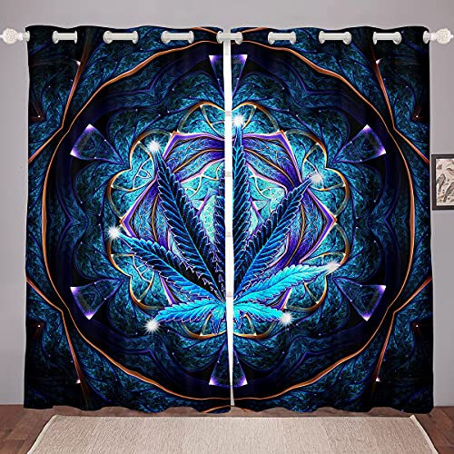 Cortinas de Ventana de Hoja de Marihuana Bohemio, Mandala, Hojas de Cannabis, Cortinas para niños, Hombres, Galaxia, cáñamo, Azul Degradado, Hermosos tratamientos de Ventana, W66 x L90