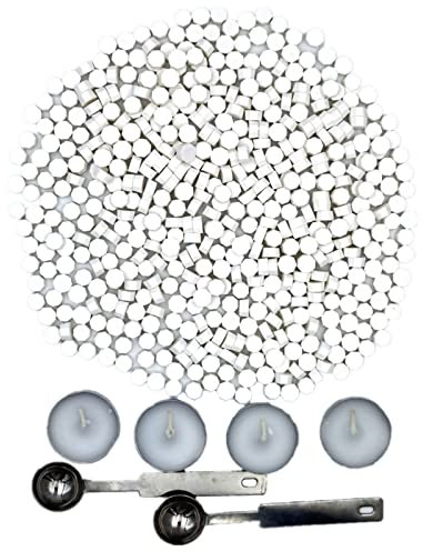 500 Piezas Perlas de Cera de Sellado Octágono, Sello Cera Lacre kit con 2 Cucharas de Fusión y 4 Velas de Té, Cuentas para Sello de Cera Sellado (Blanco)