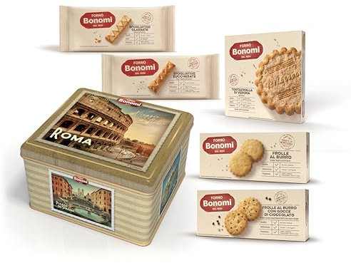 Forno Bonomi, biscotti assortiti in una scatola regalo di latta dedicata a Roma. La migliore selezione della nostra pasticceria in una confezione quadrata da 770 grammi.