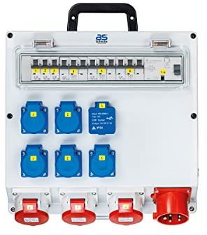 as - Schwabe Distributeur mural prêt à être branché - Fiche CEE 400 V/32 A/22 kW - 5 x Schuko, 3 x CEE (400 V/16 A/5 broches), 2 x USB (5 V/2,1 A) - IP44, 61523